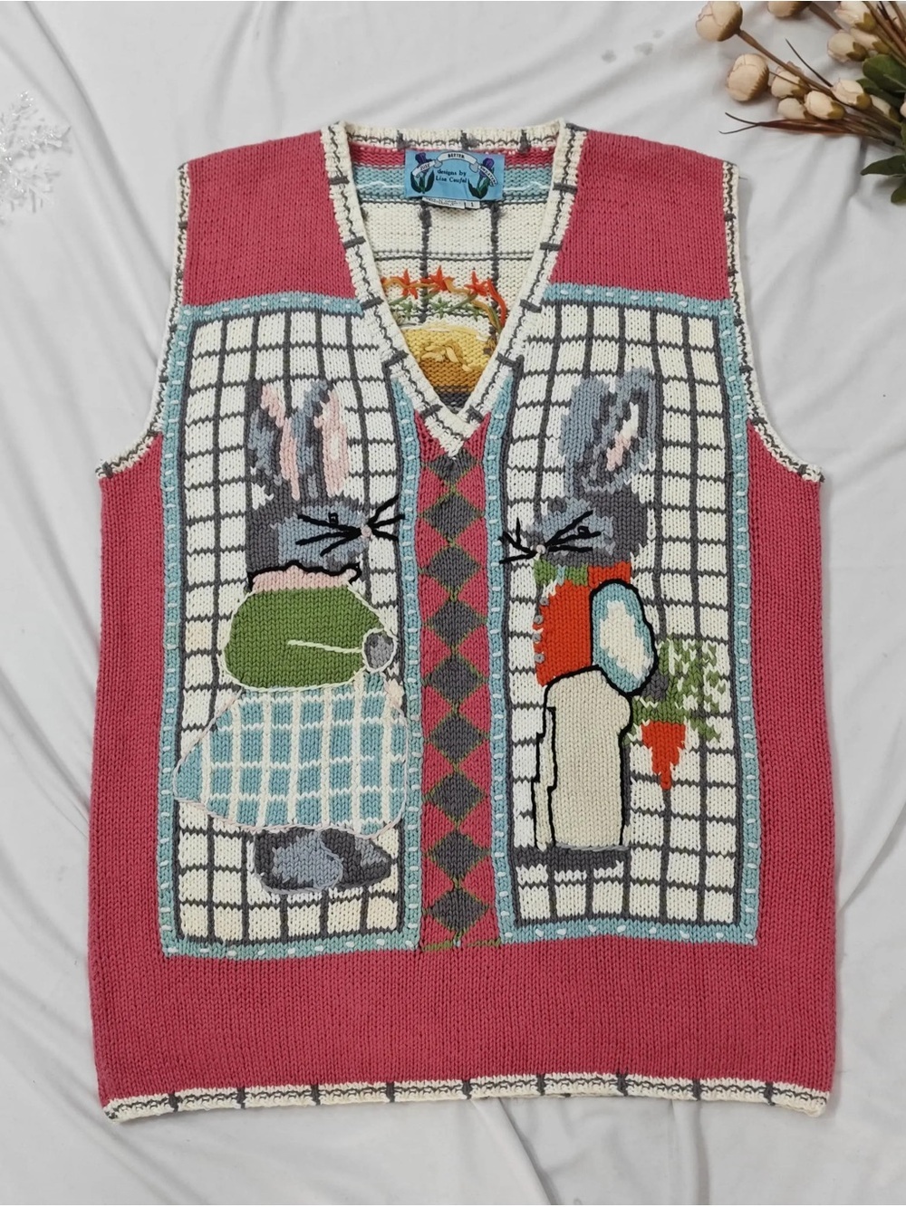 Vintage 90s Pink V-Neck Novelty Rabbit Intarsia Sweater Vest